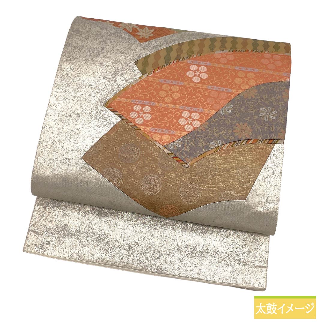 袋帯 正絹 Aランク 銀色（ぎんいろ） 引箔 裂取り 扇面  帯丈424cm ポイント柄 セミフォーマル 銀系 1123018523322