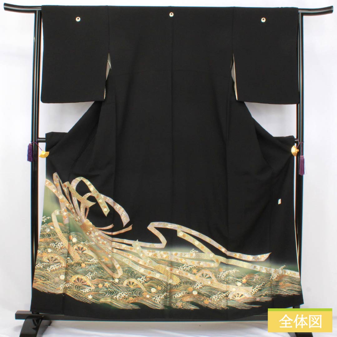 黒留袖 正絹 Aランク 身丈158.5cm 裄丈64cm 袷 金彩 五つ紋 上り藤 束ね熨斗 五つ紋 黒系 1111002043310