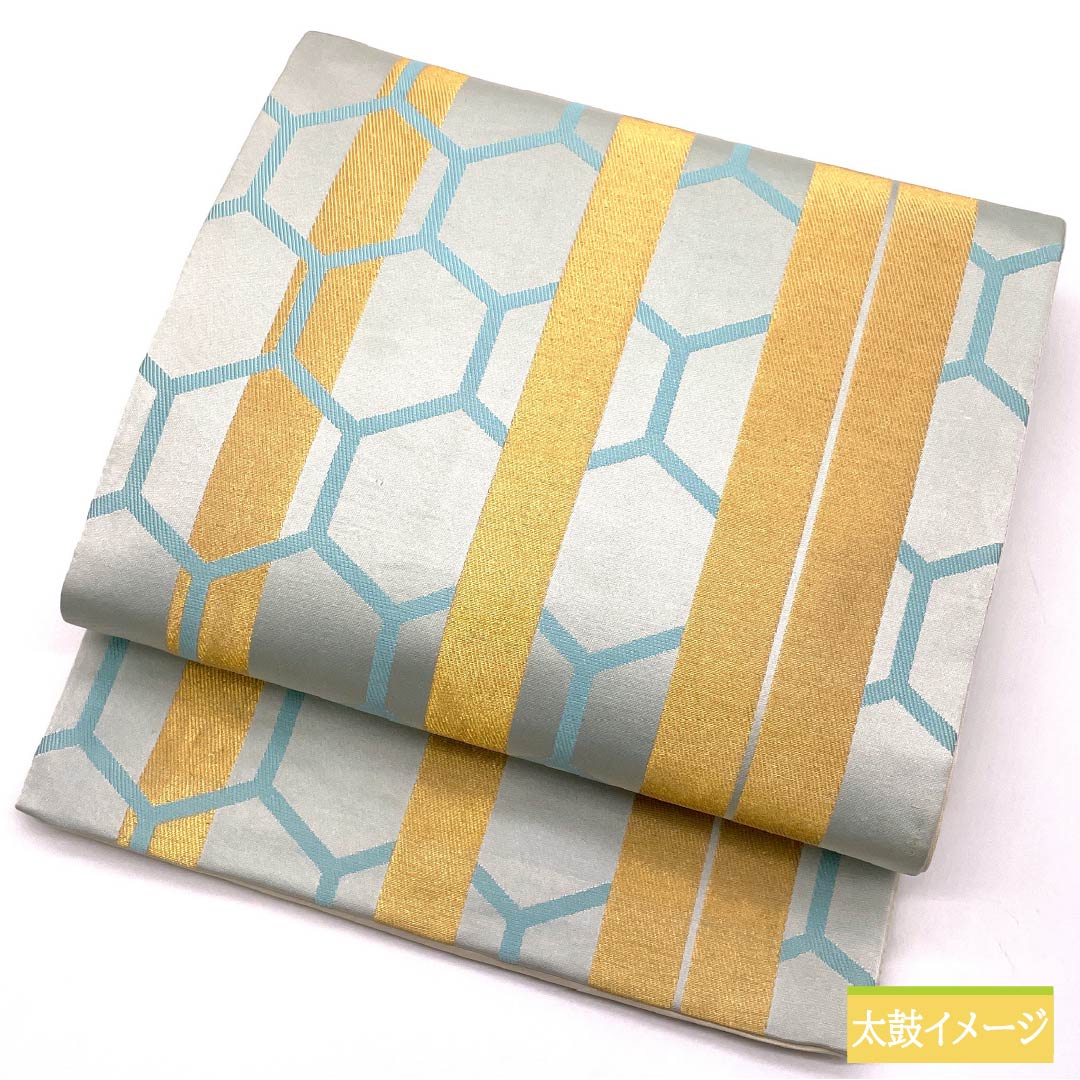 袋帯 正絹 白藍色（しろきあいいろ） 振袖用 亀甲 帯丈442cm Aランク 六通 フォーマル 水色系 1123013653324