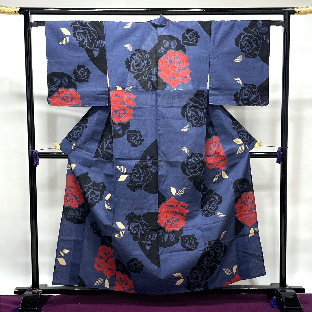 浴衣 しつけ糸付き 未使用品 瞑色 薔薇 木綿 Sランク 単衣 身丈161cm 裄丈65cm 紫系 1118002332420