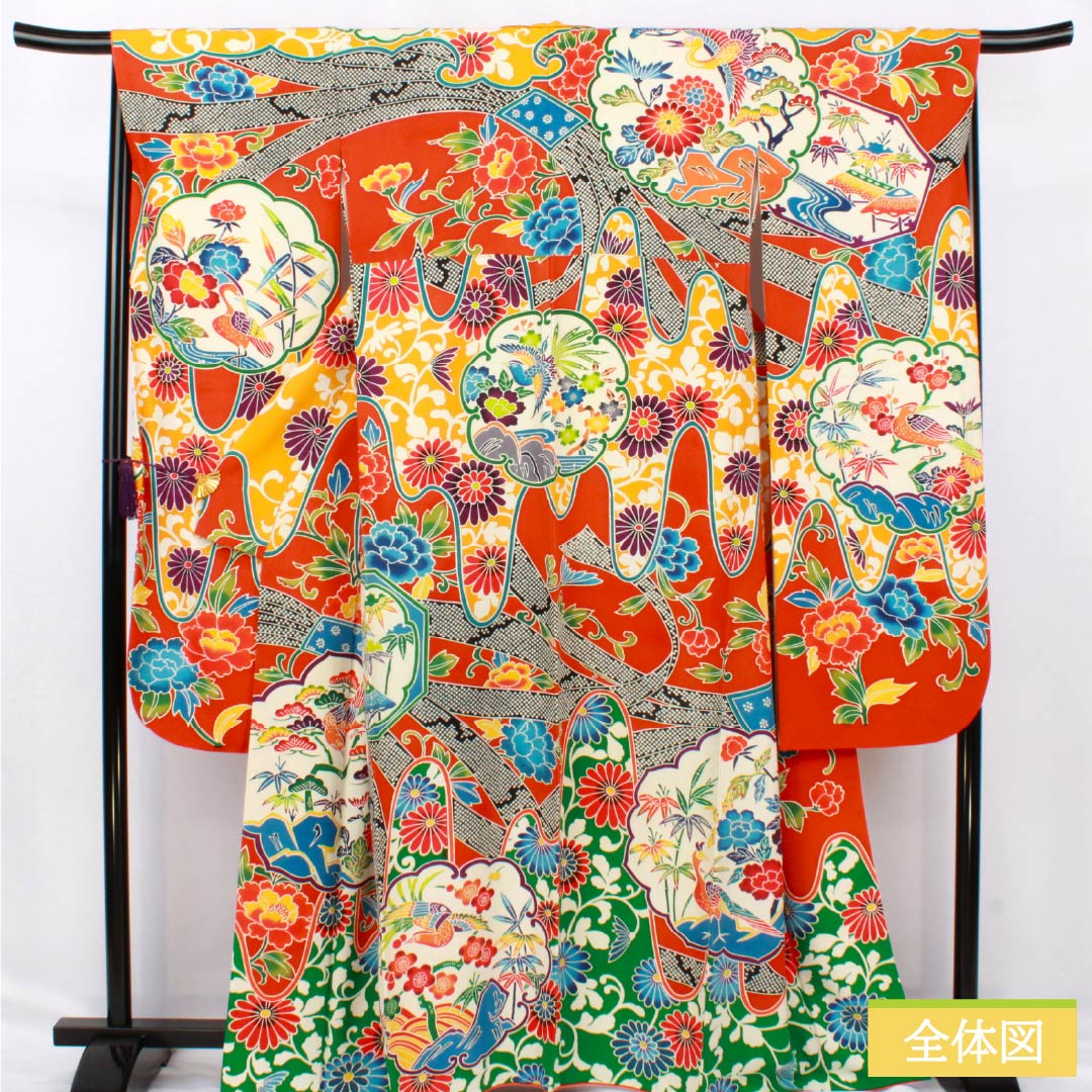振袖 正絹 Aランク 身丈164cm 裄丈68cm 袷 銀朱色（ぎんしゅいろ） 京紅型 吉祥文様 松竹梅 橙系 1113002263426