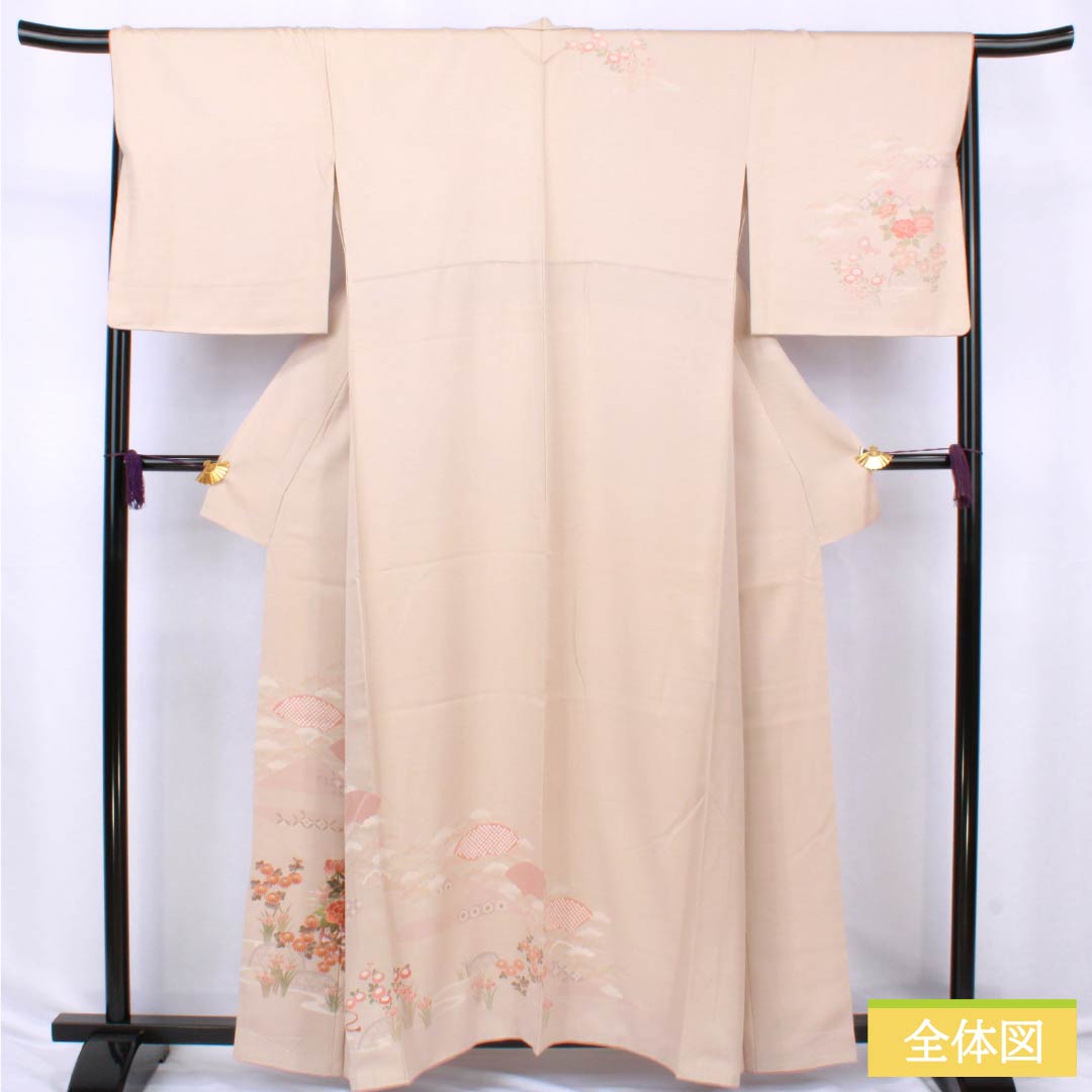 訪問着 正絹 Sランク 袷 身丈159cm 裄丈68cm 翁茶色（おきなちゃいろ） 京友禅 付下げ 蘇州刺繡 花車 扇面 ピンク系 1112006622313