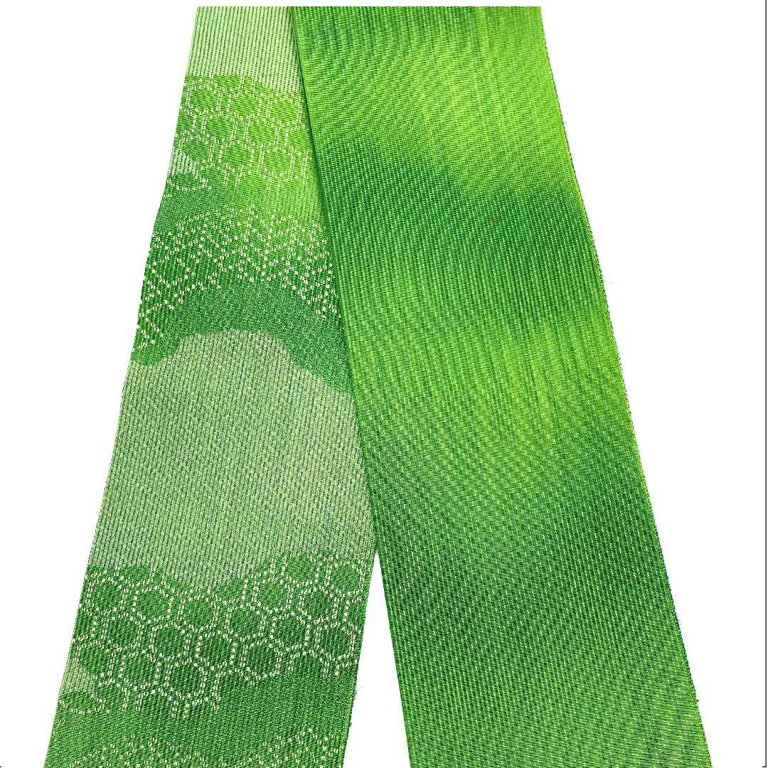 半幅帯 ポリエステル 常盤色（ときわいろ） 亀甲模様 古典柄 帯丈356cm 緑系 Aランク 1125001023319