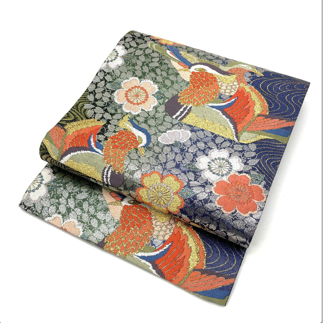 袋帯 振袖用 桜散らし鴛鴦紋 帯丈426cm 正絹 Sランク 全通 フォーマル 紺系 1123003932318