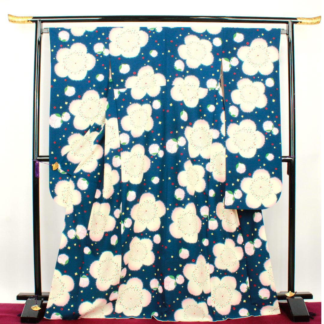 振袖 身丈170cm 裄丈67cm 袷  濃藍色 洗える着物 桜  ポリ Sランク 紺系 1113000992618