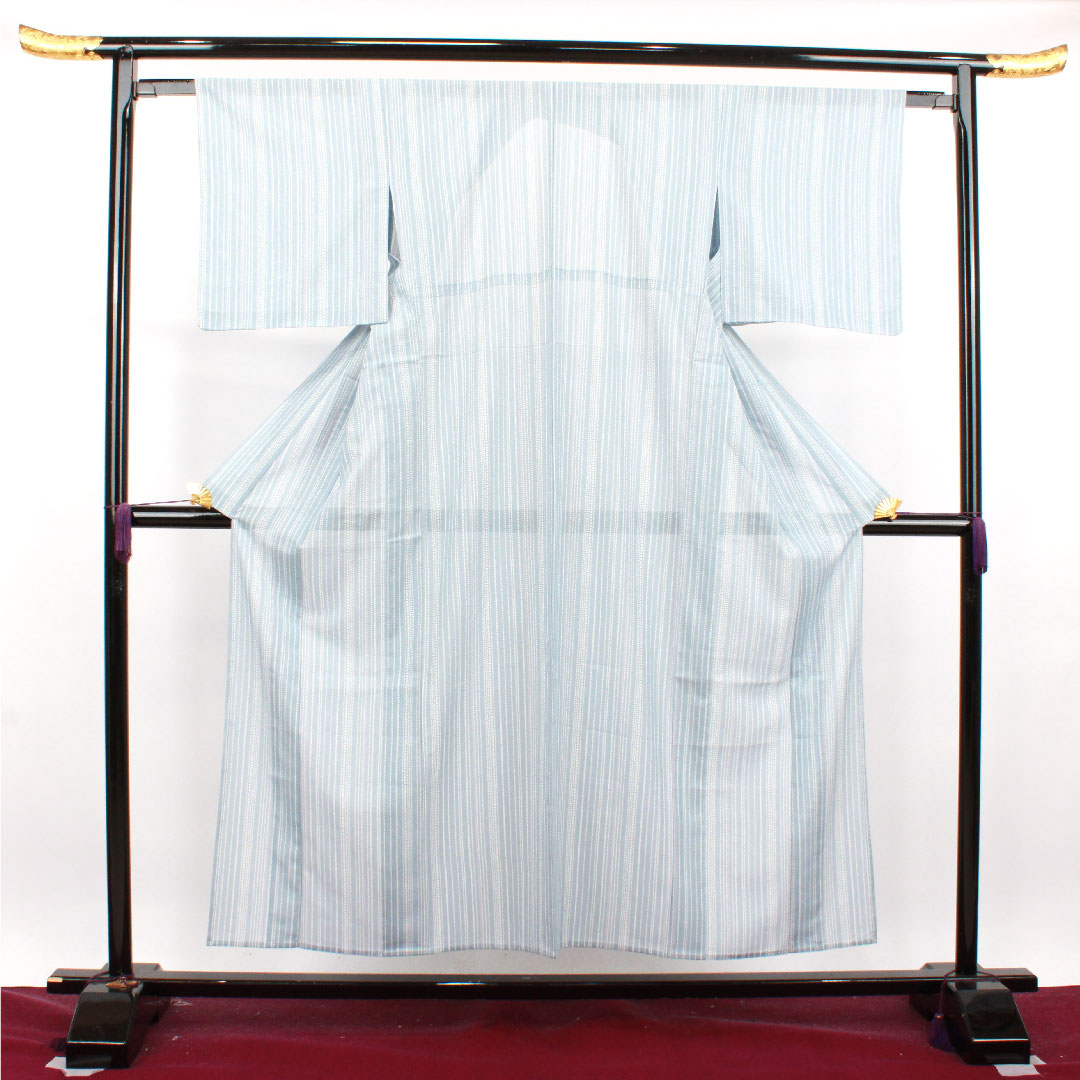 夏物 正絹 小紋 身丈153cm 裄丈62cm 白群色（びゃくぐんいろ） 幾何学模様 絽 Sランク 青系 1132001372217