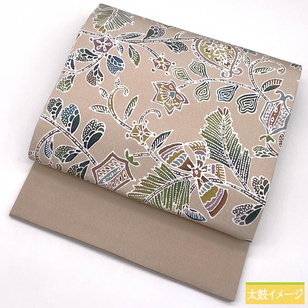 名古屋帯 正絹 Aランク 翁茶色（おきなちゃいろ） 型染 更紗文様 帯丈376cm ポイント柄 カジュアル ピンク系 1124010453313 開き仕立て