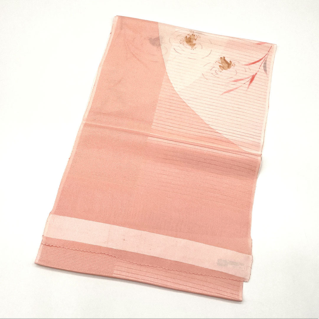 （新古品）帯揚げ 正絹 NEWランク カジュアル 曙色（あけぼのいろ） 夏物 カエル 古典柄 長さ約184cm 幅約30cm ピンク系 1136001531913