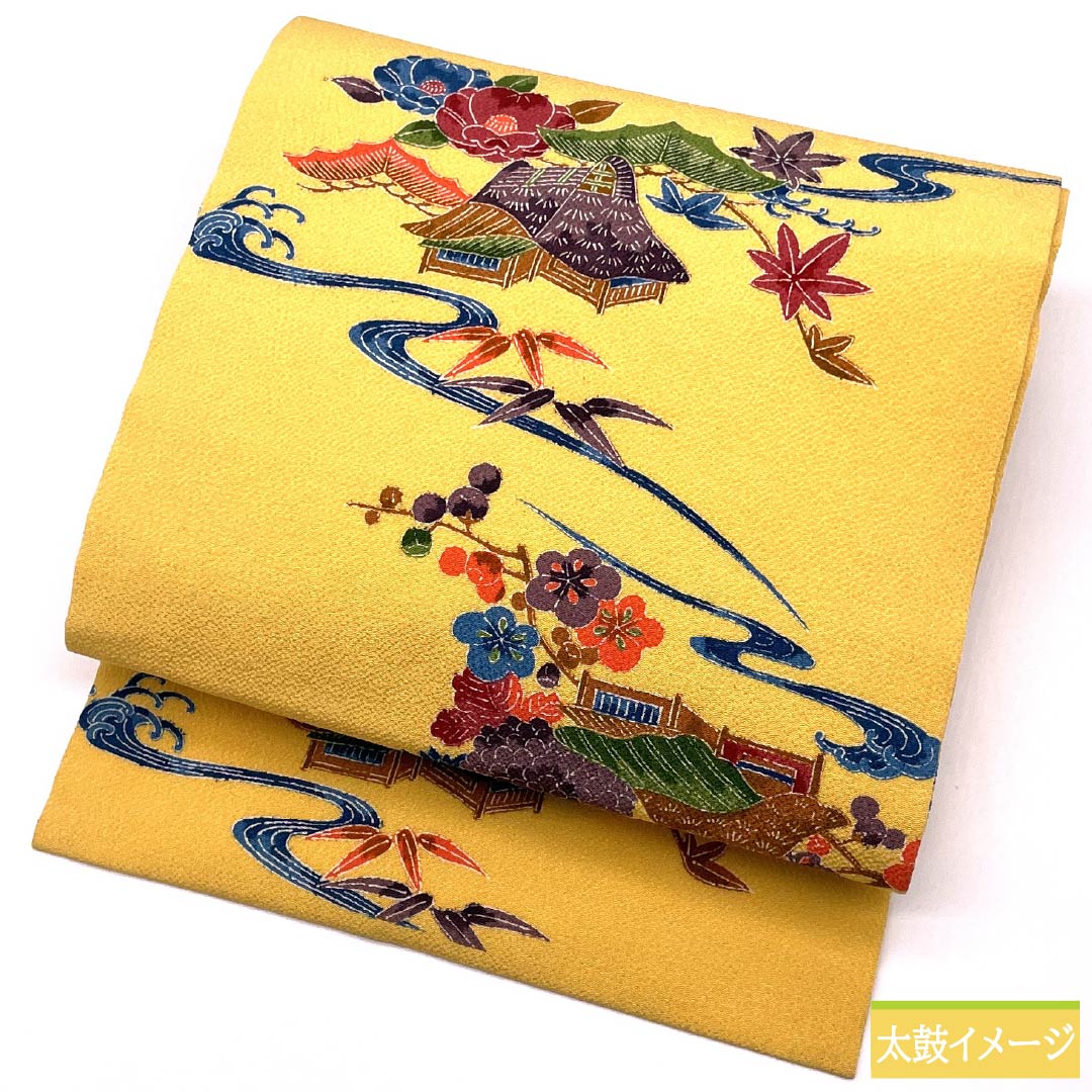 名古屋帯 正絹 Aランク 卵色（たまごいろ） ちりめん地 京紅型 三越ちりめん 帯丈347cm 全通 カジュアル 黄系 1124009193323 名古屋仕立て