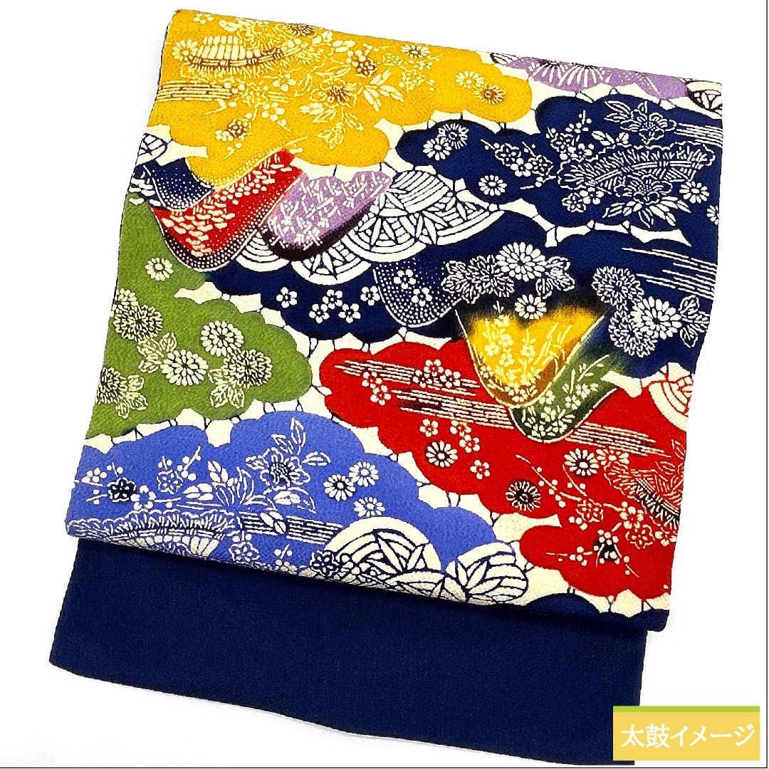 名古屋帯 鉄葡萄色 京紅型 古典柄 花 植物様 帯丈375cm 正絹 Sランク 六通 カジュアル 青系 1124005312317  名古屋仕立て