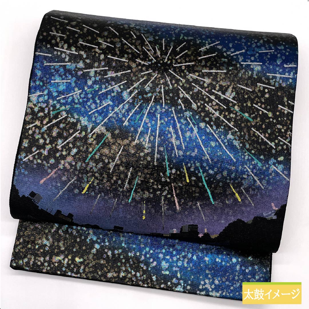 （未仕立）袋帯 正絹 黒色（くろいろ） 住宅街 花火 帯丈460cm Sランク ポイント柄 セミフォーマル 黒系 1123012202410