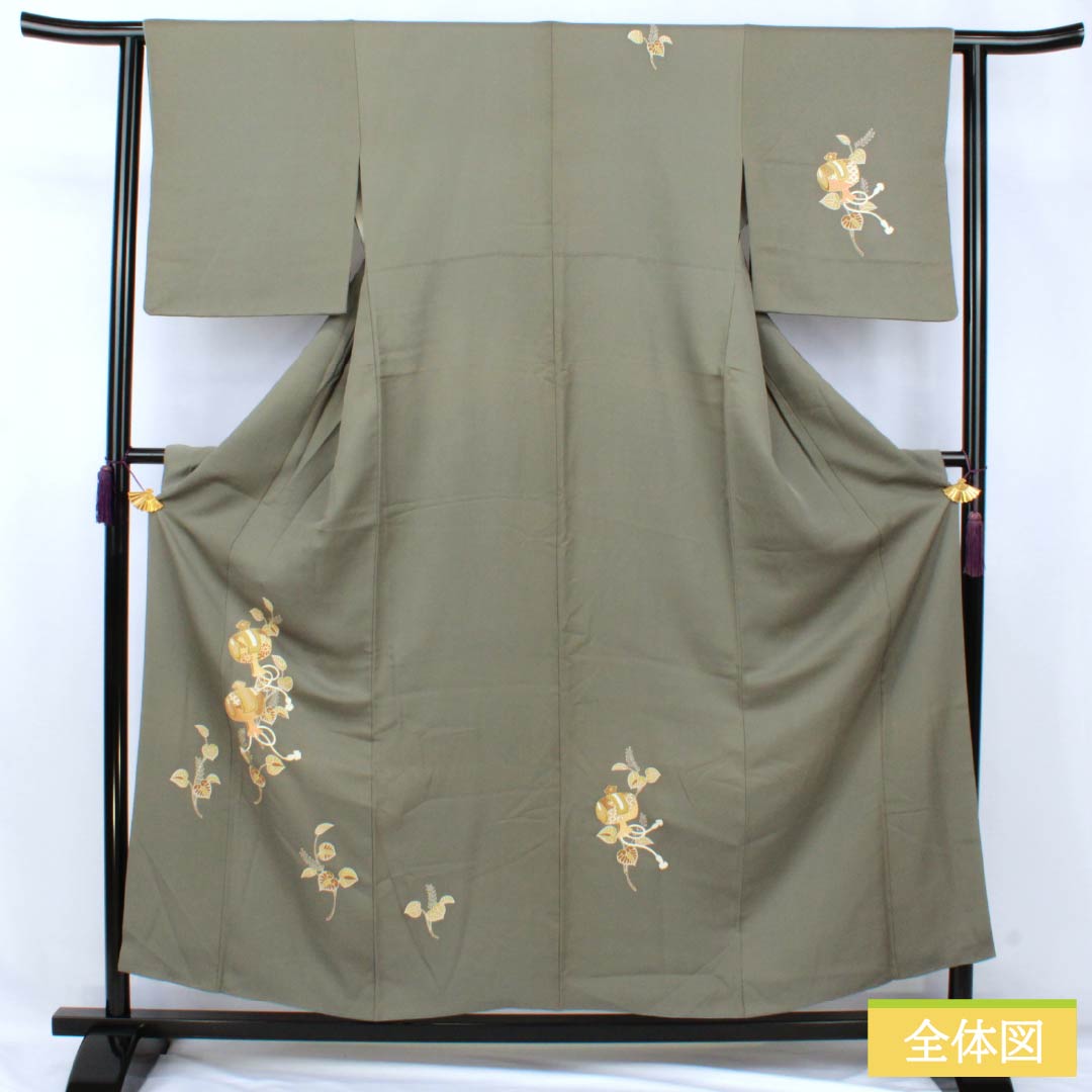 訪問着 正絹 Sランク 袷 身丈155cm 裄丈62.5cm 利休鼠色（りきゅうねずみいろ） 京友禅 付下げ 葵 小槌 スーパー鈴ガード 緑系 1112007212319
