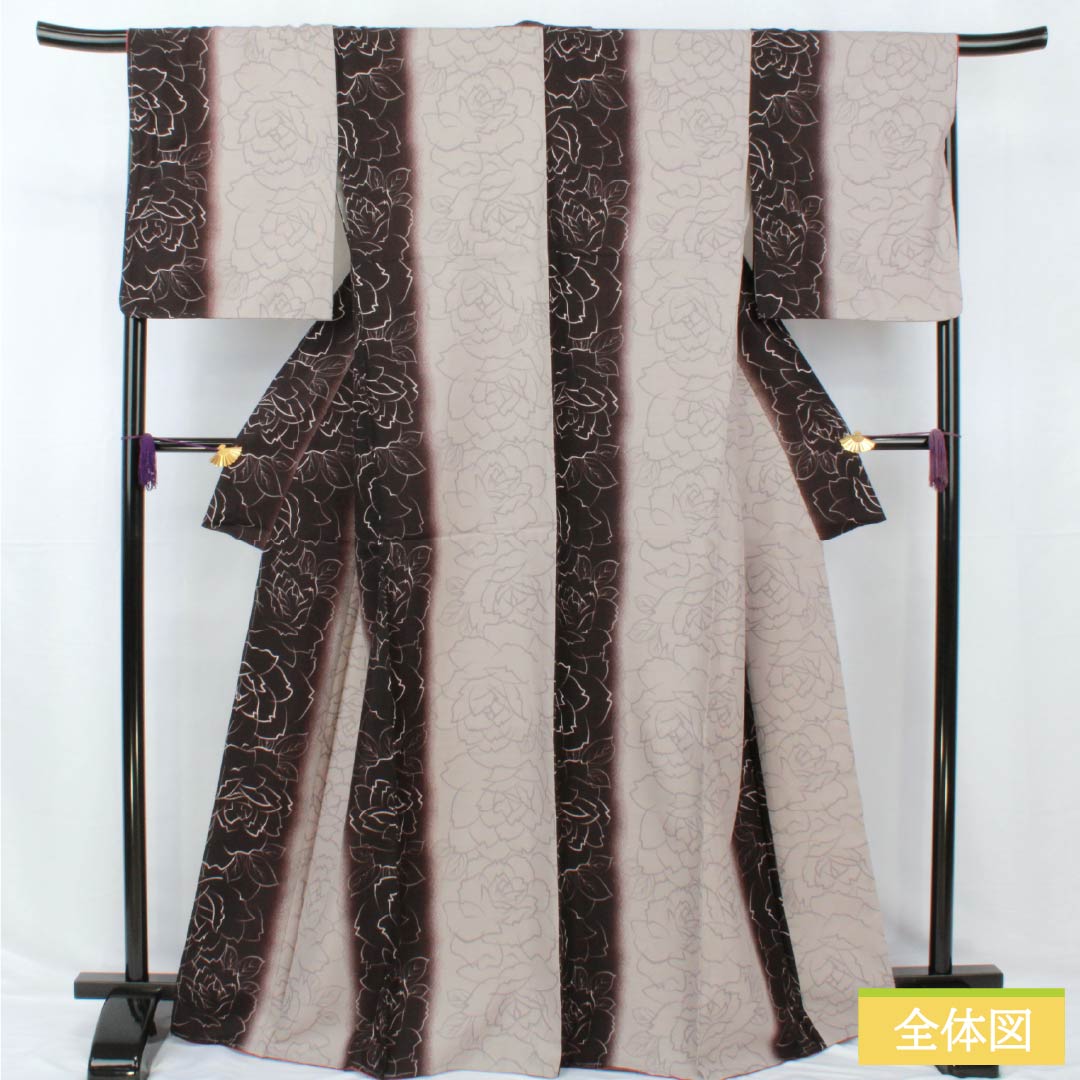 小紋 ポリエステル 身丈167.5cm 裄丈67.5cm 袷 褐色（かちいろ） 小町鼠色（こまちねずいろ） 洗える着物 薔薇 しつけ糸付き Sランク グラデーション系 1115005202599