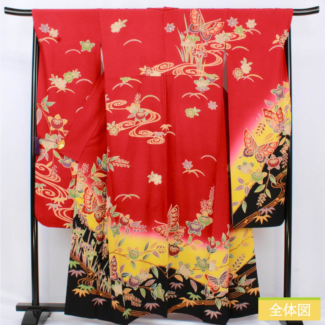 振袖 正絹 Aランク 身丈158.5cm 裄丈67cm 袷 紅赤色（べにあかいろ） 京紅型 吉祥文様 蝶 菖蒲 橘 赤系 1113002283312