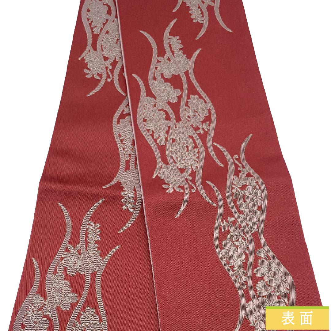 （新品）半幅帯 ポリエステル NEWランク 茜色（あかねいろ） 桜鼠色（さくらねずいろ） 立涌模様 花 矢羽根 リバーシブル 帯丈399cm 赤系 1125006251312