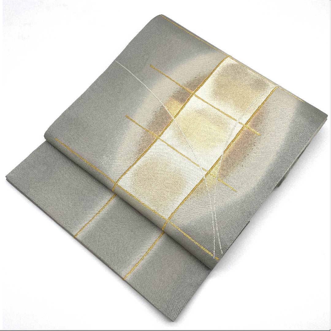 袋帯 薄鼠色（うすねずいろ） 幾何学模様 加納幸 帯丈432cm 正絹 Aランク ポイント柄 フォーマル グレー系 1123006803322