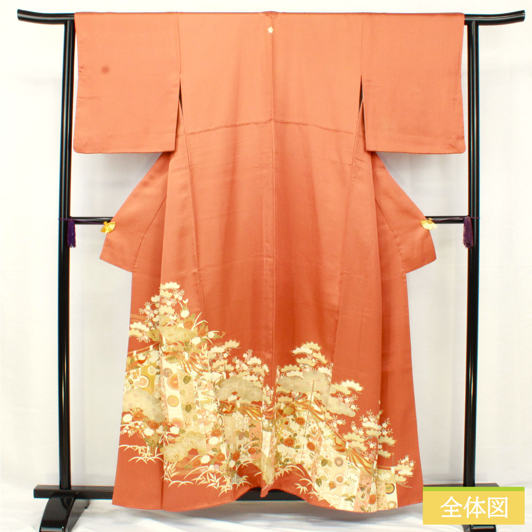 色留袖 正絹 身丈157cm 裄丈63cm 袷 珊瑚色（さんごいろ） 京友禅 桜 松竹梅 一つ紋 星梅鉢 重ね衿付き Aランク 橙系 1111001513326