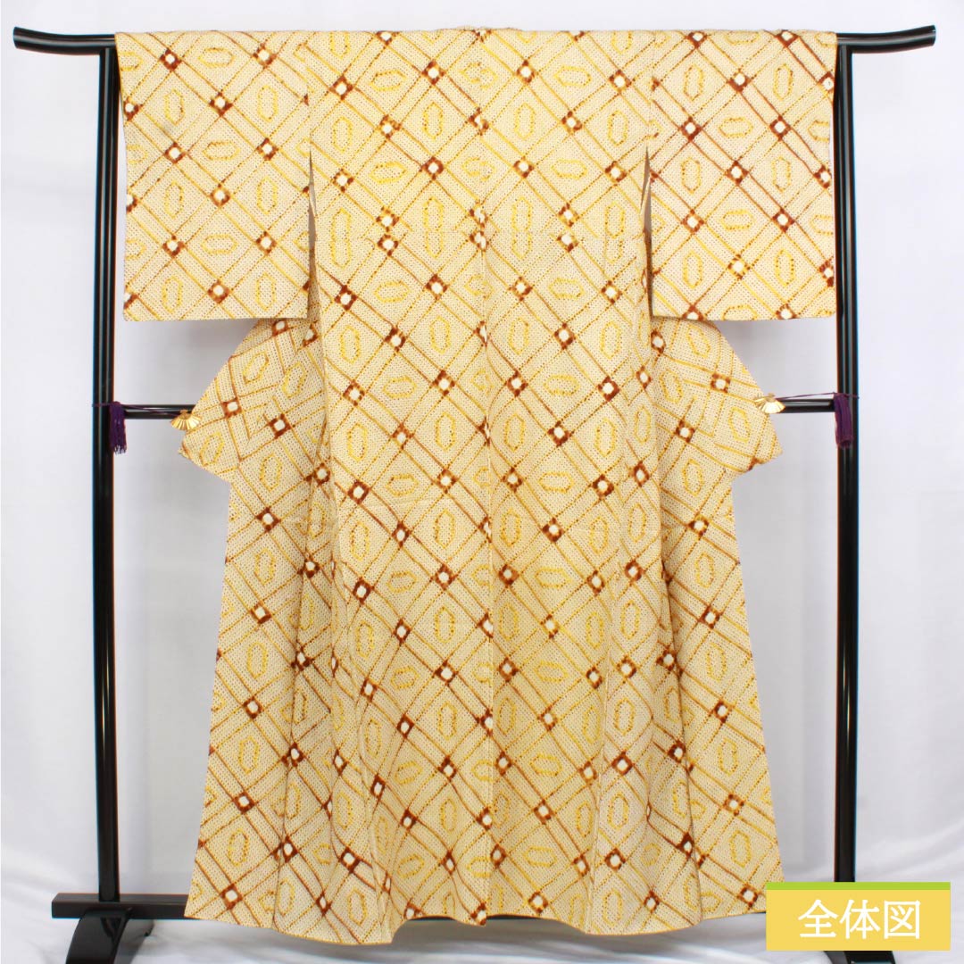 小紋 正絹 Aランク 身丈158cm 裄丈64cm 袷 藤黄色（とうおういろ） 絞り 幾何学模様 黄系 1115006583323