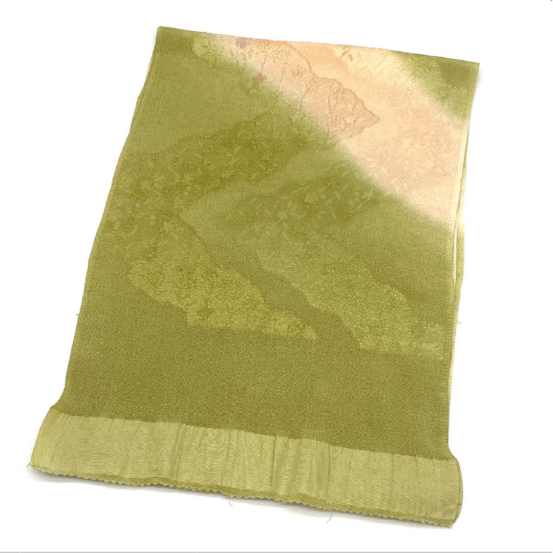 Obiage silk S-rank semi-formal light greenish-brown, faint stripes, floral, chirimen, length approx. 178cm, width approx. 29cm, green family, 1136004242919
