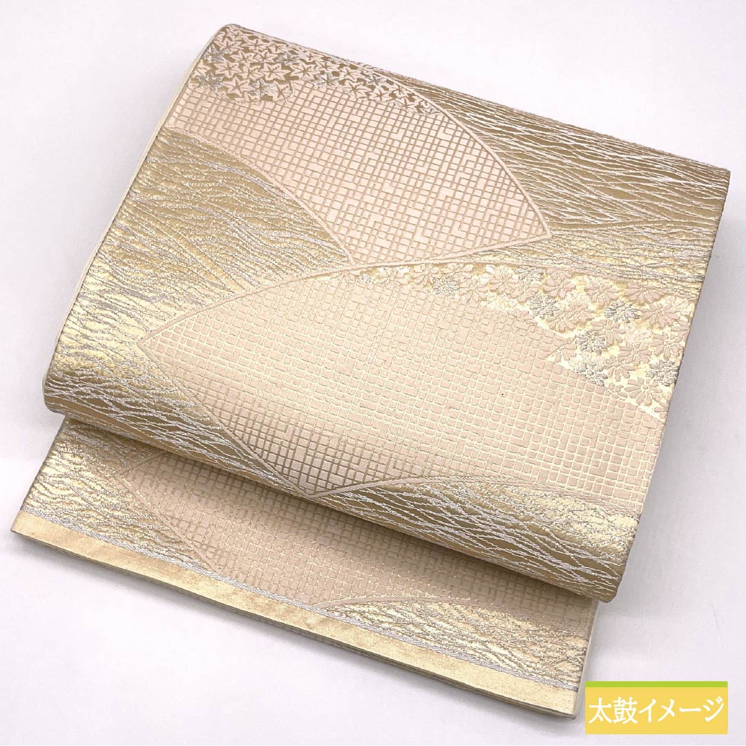 袋帯 正絹 花模様 留袖用 扇面 紅葉 帯丈428cm Aランク 六通 フォーマル 金系 1123014223321