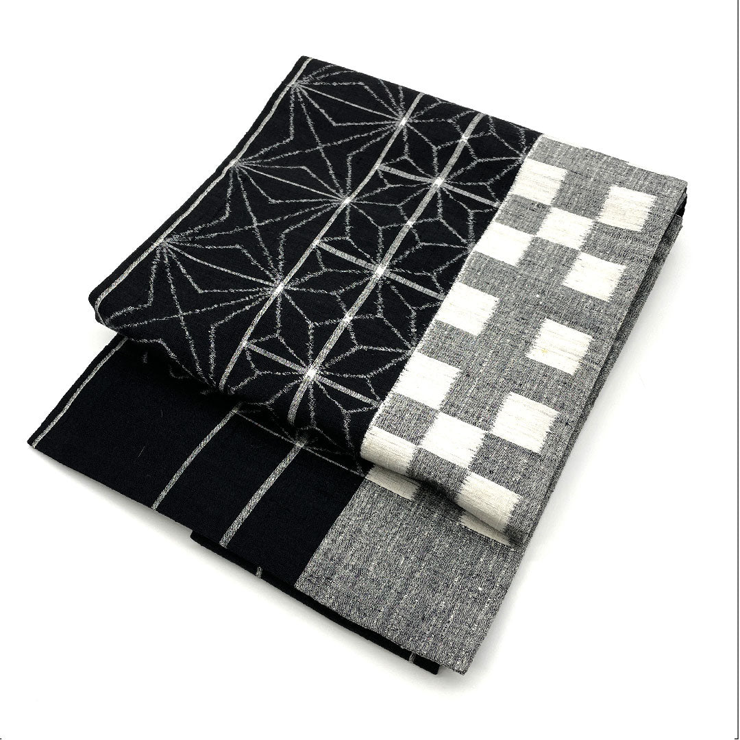 名古屋帯 麻の葉 市松 紬地 本真綿帯丈355cm 正絹 Aランク 六通 カジュアル 黒系 1124001553310  名古屋仕立て