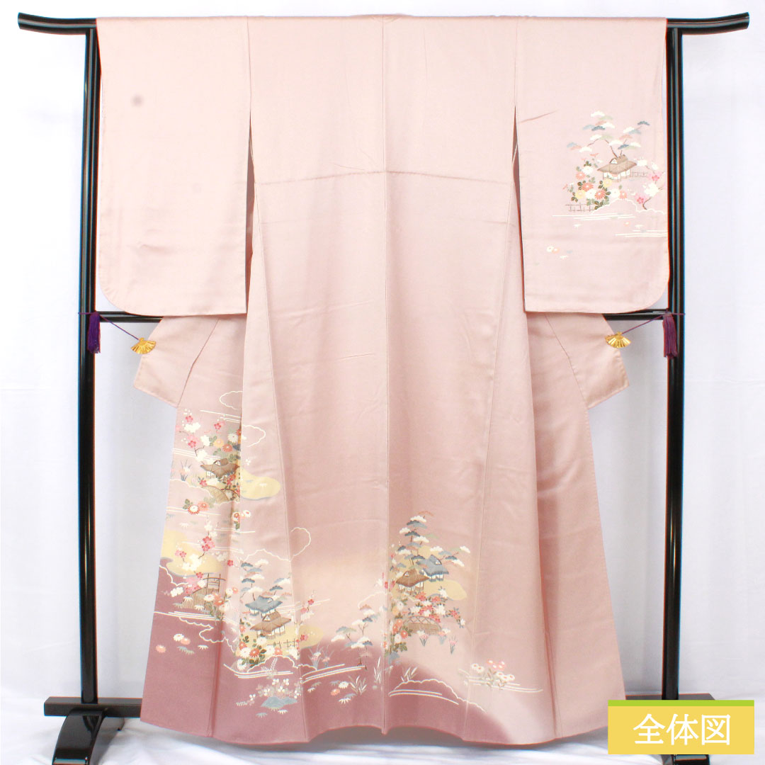 訪問着 正絹 袷 身丈160.5cm 裄丈63cm 白梅色（しらうめいろ） 京友禅 茶屋辻模様 Bランク ピンク系 1112005894413