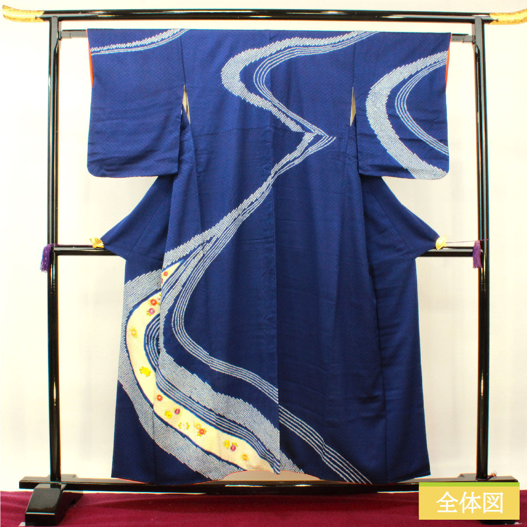 訪問着 正絹 袷 身丈154cm 裄丈63cm 瑠璃色 部分絞り 刺繡 Aランク 紺系 1112004103218