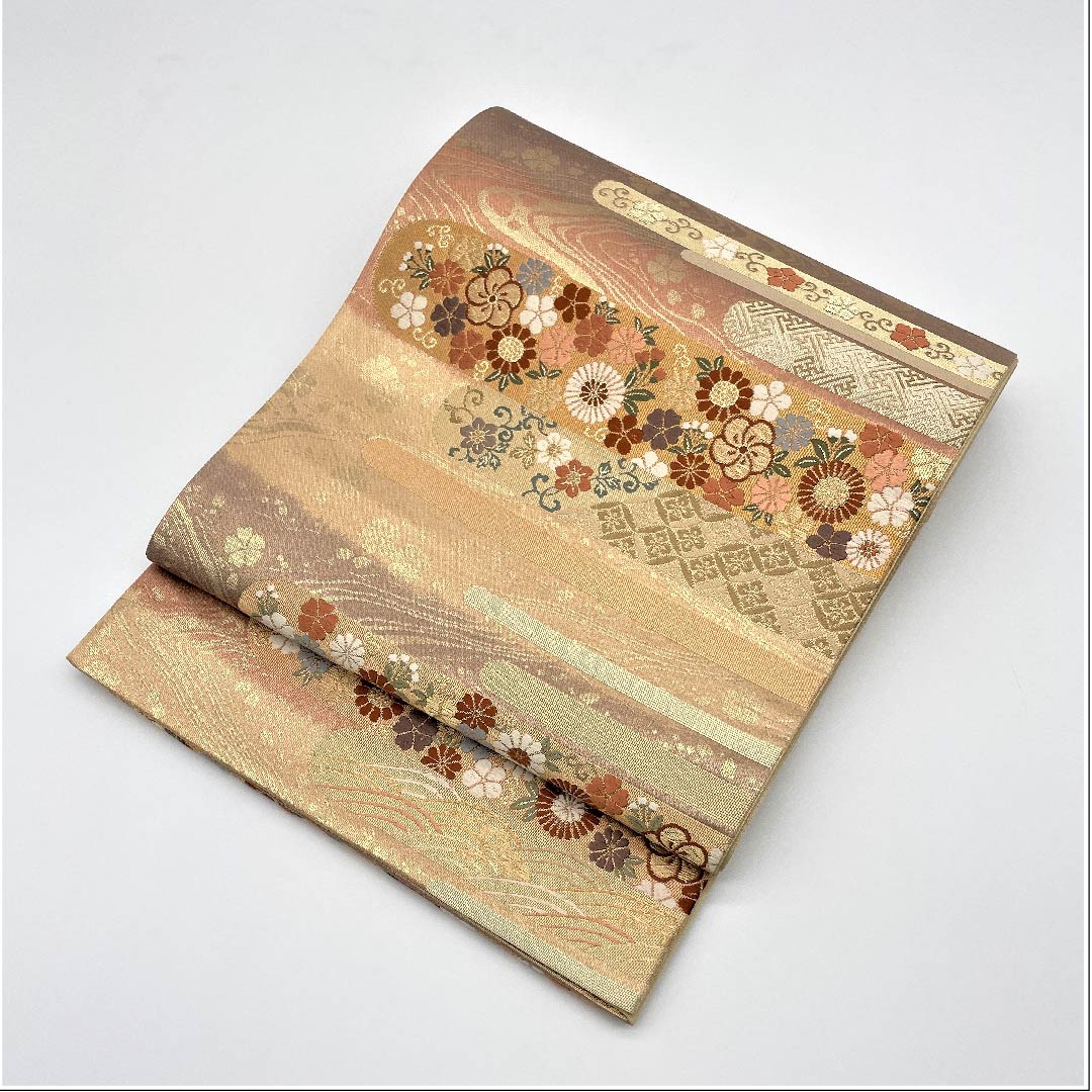 袋帯 横段 七宝 青海波 古典花 帯丈434cm 正絹 Aランク 六通 フォーマル グラデーション系 1123005423399