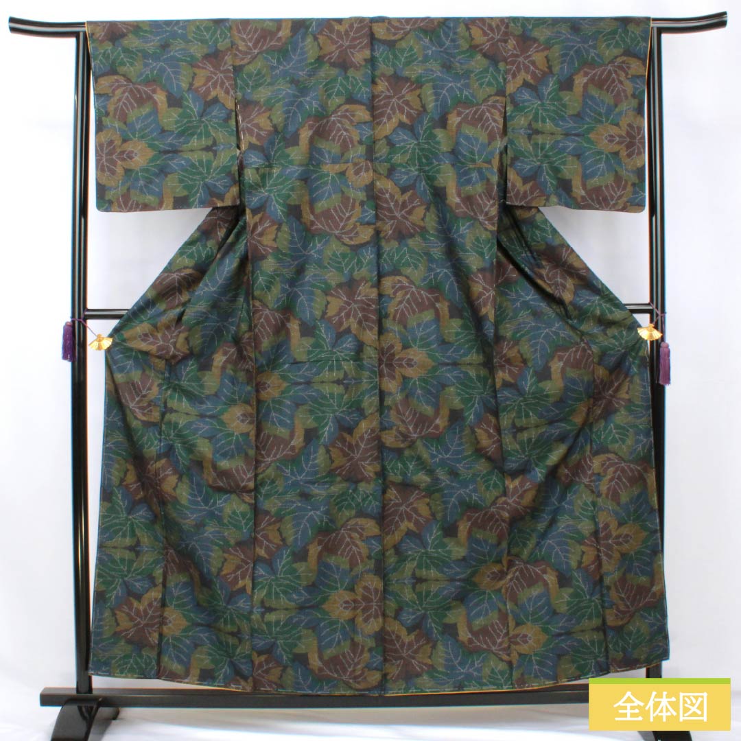 紬 正絹 Aランク 身丈157cm 裄丈60.5cm 檳榔子黒色（びんろうじぐろいろ） 葉 しつけ糸付き 袷 黒系 1116004613310