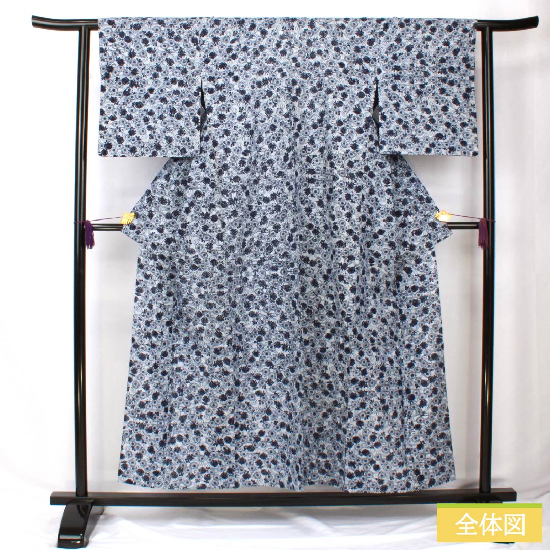 浴衣 木綿 身丈154cm 裄丈62cm Bランク 単衣 グレー系 水銀色（すいぎんいろ） 菊 流水 1118005914222