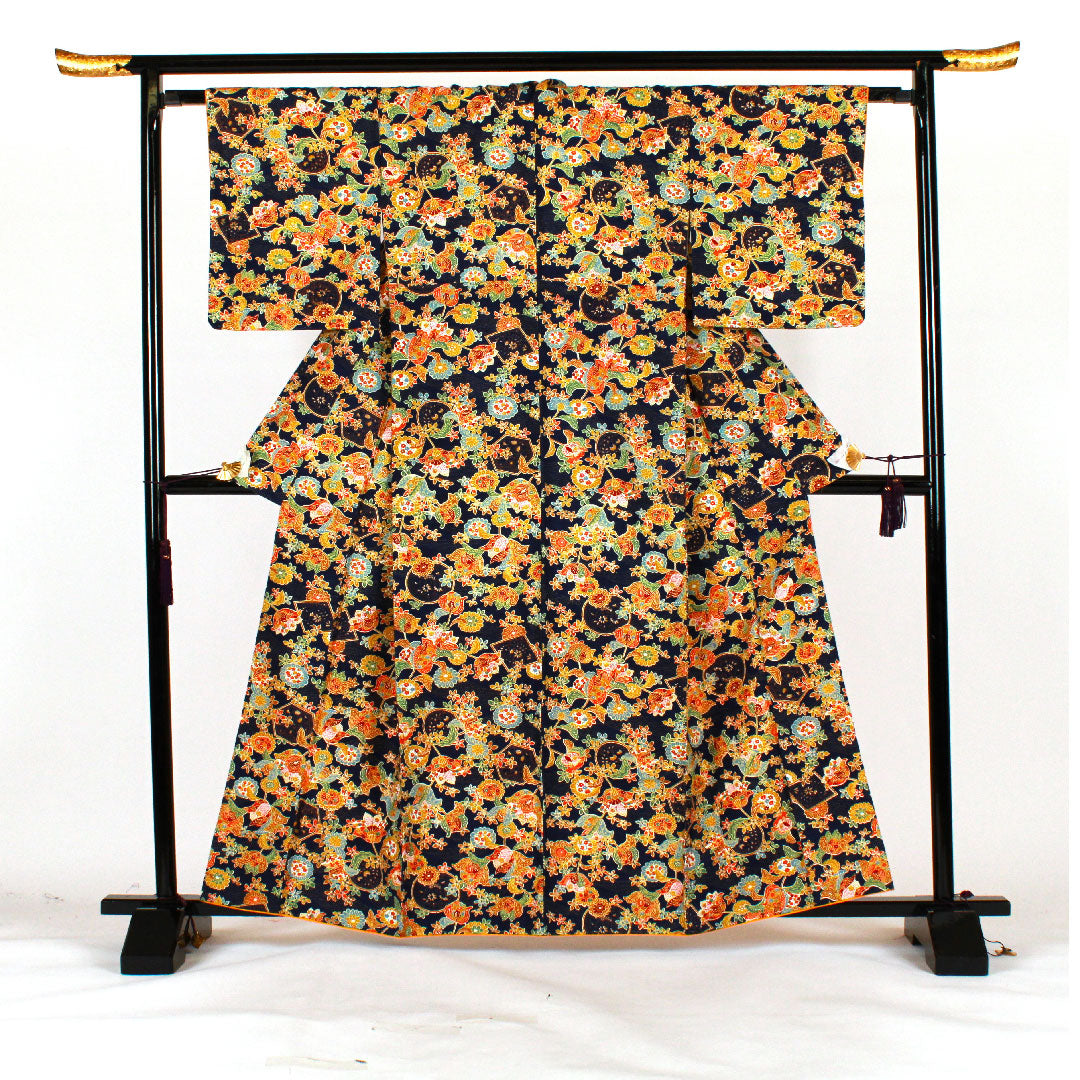 小紋 身丈162.5cm 裄丈63.5cm 袷  草花模様  正絹 Sランク 紺系 1115001422418