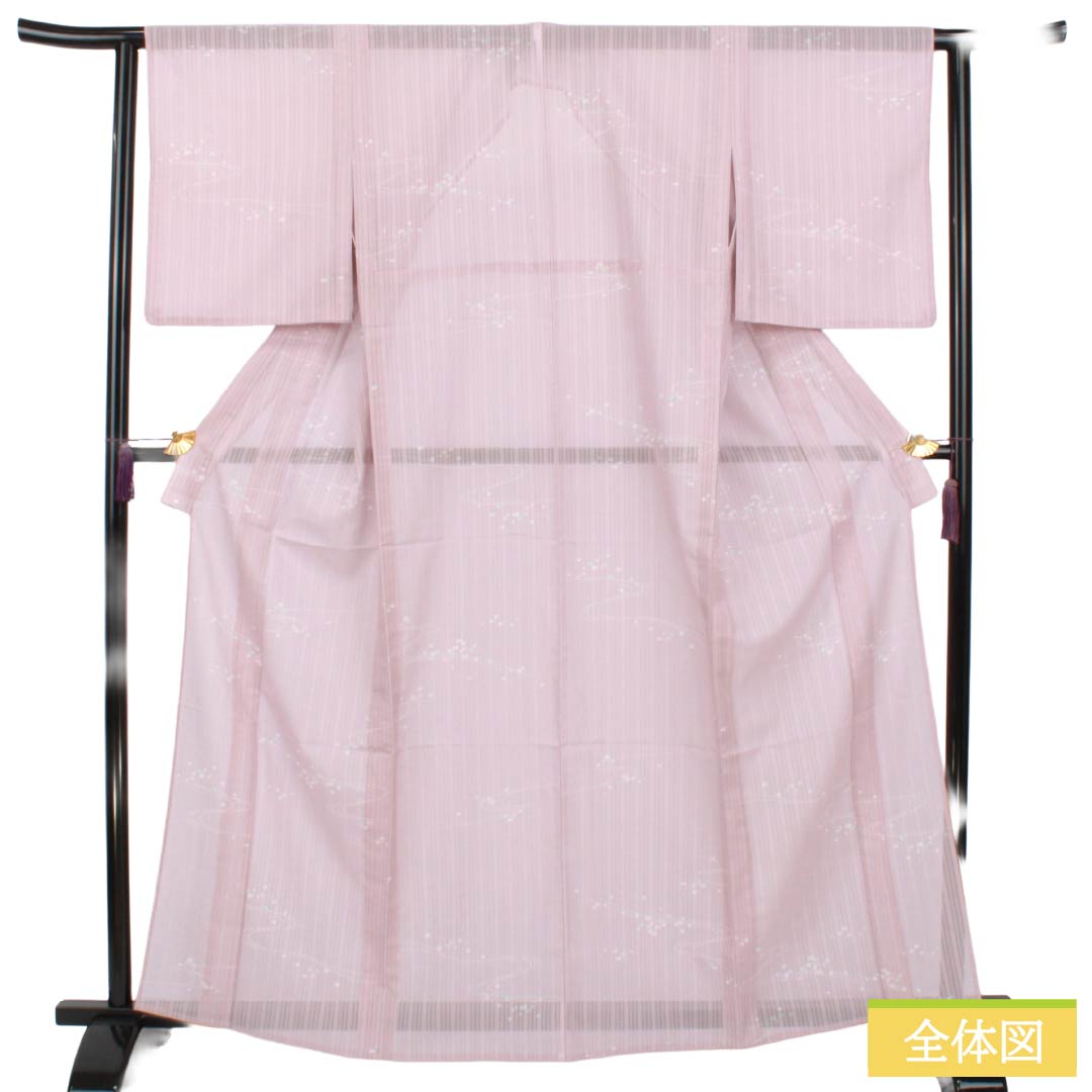 夏物 ポリエステル 小紋 Aランク 身丈163cm 裄丈62cm 白梅色（しらうめいろ） 流水 水玉 洗える着物 紗 ピンク系 1132005213413