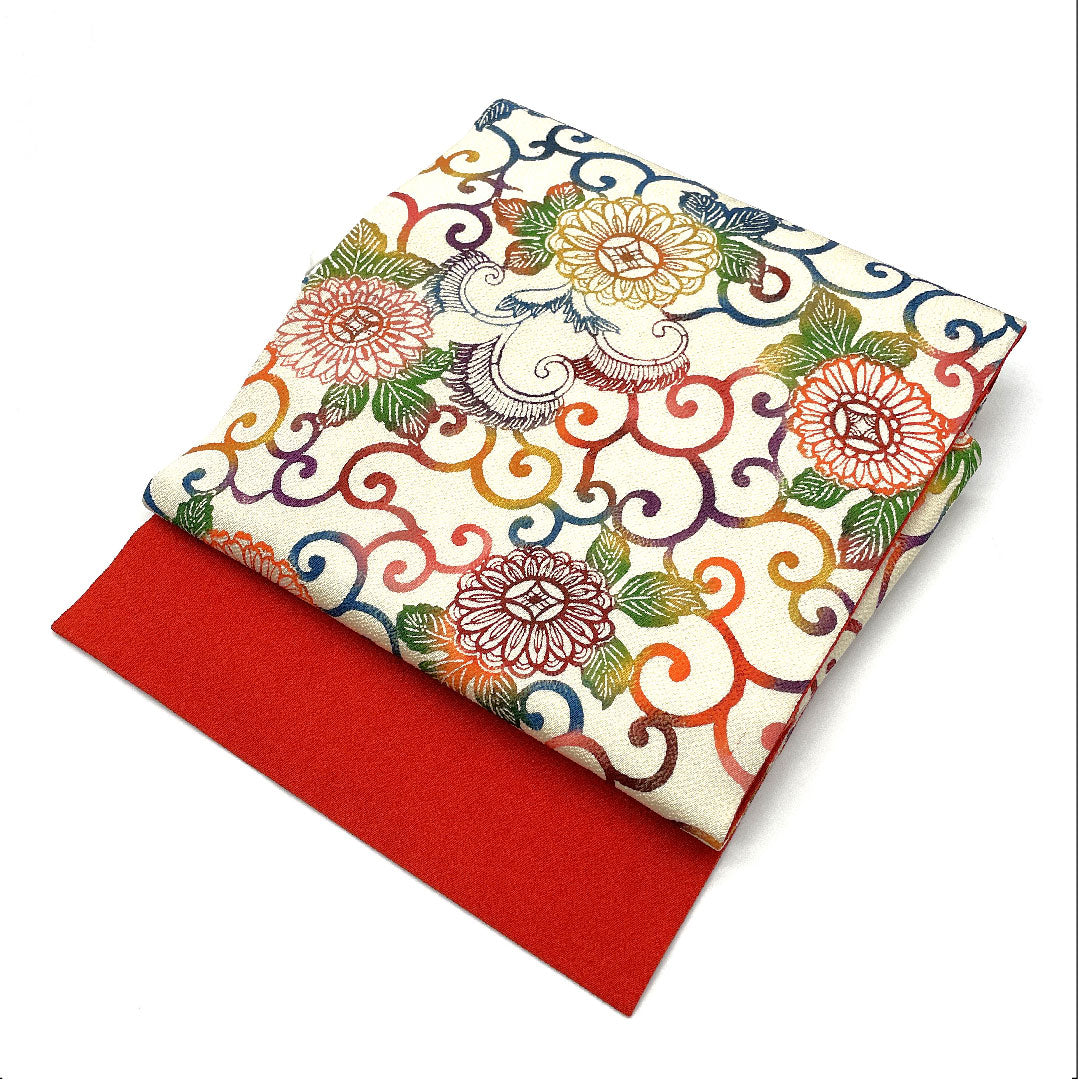 作り帯 型染 染め帯 唐花模様 帯丈100cm 正絹 Aランク 六通 カジュアル 白系 1124002173311