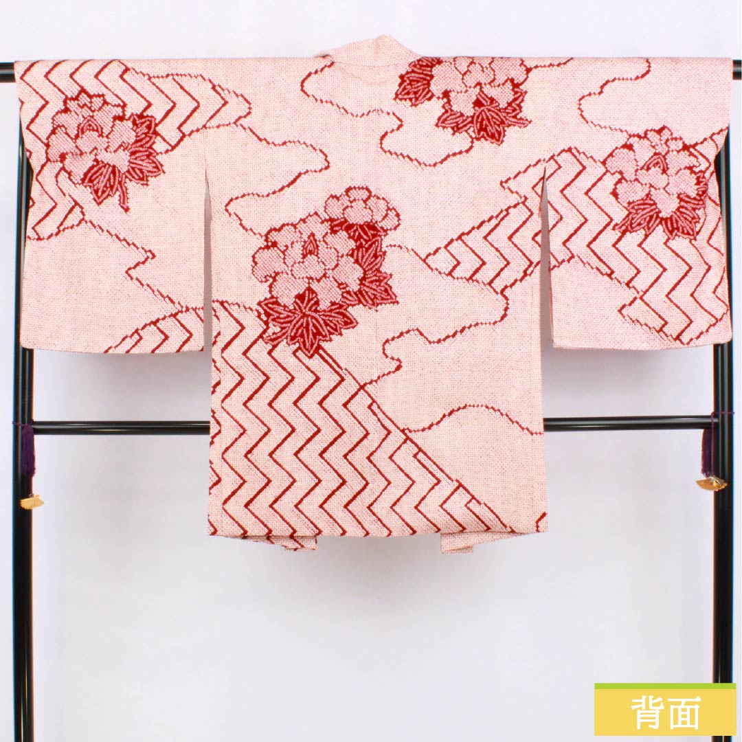 羽織 正絹 Sランク 身丈87cm 裄丈67cm 生臙脂色（しょうえんじいろ） 絞り 花 袷 赤系 1117001322912