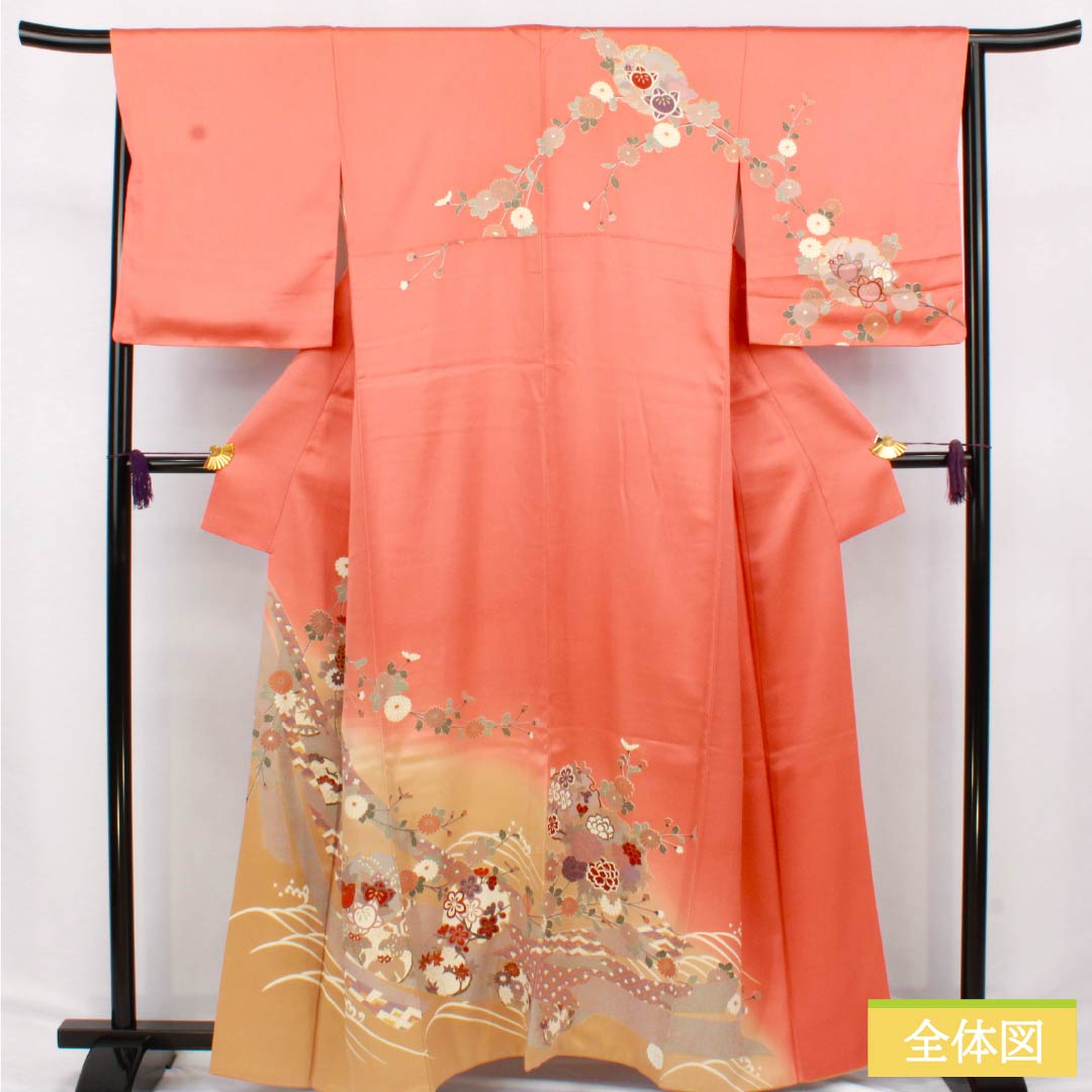 訪問着 正絹 Aランク 袷 身丈160.5cm 裄丈65.5cm 榴花紅色（リューホワホンいろ） 京友禅 雪輪 菊 橘 紗綾形 ピンク系 1112006233413