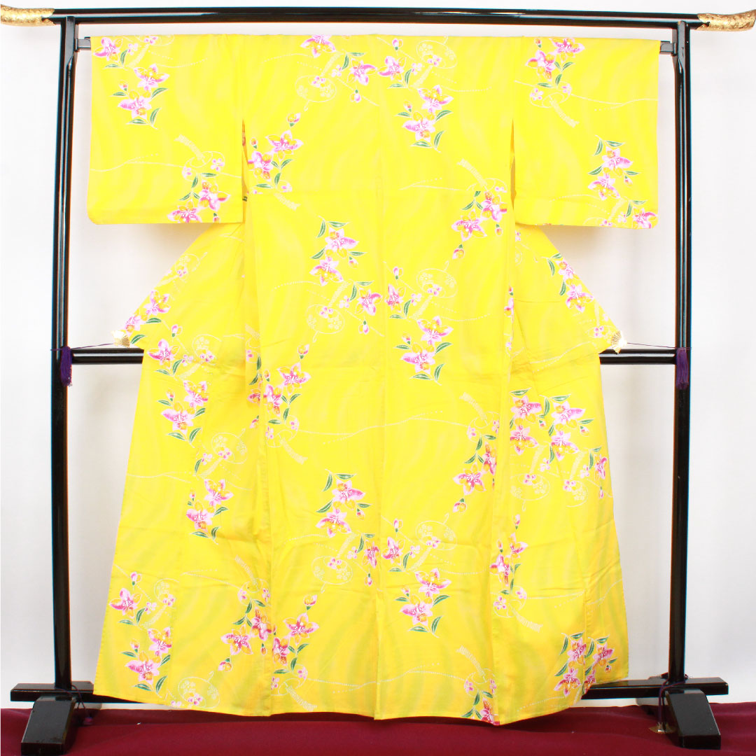 浴衣 向日葵色 風鈴 花模様 木綿 Aランク 単衣 身丈161.5cm 裄丈69cm 黄系 1118001033423