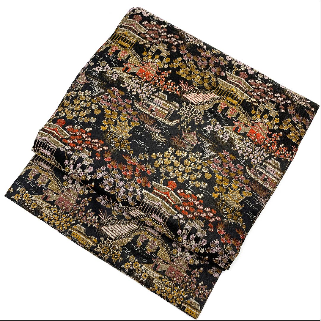 名古屋帯 黒色 寺院 花模様 帯丈339cm 正絹 Sランク 全通 カジュアル 黒系 1124003792310  名古屋仕立て