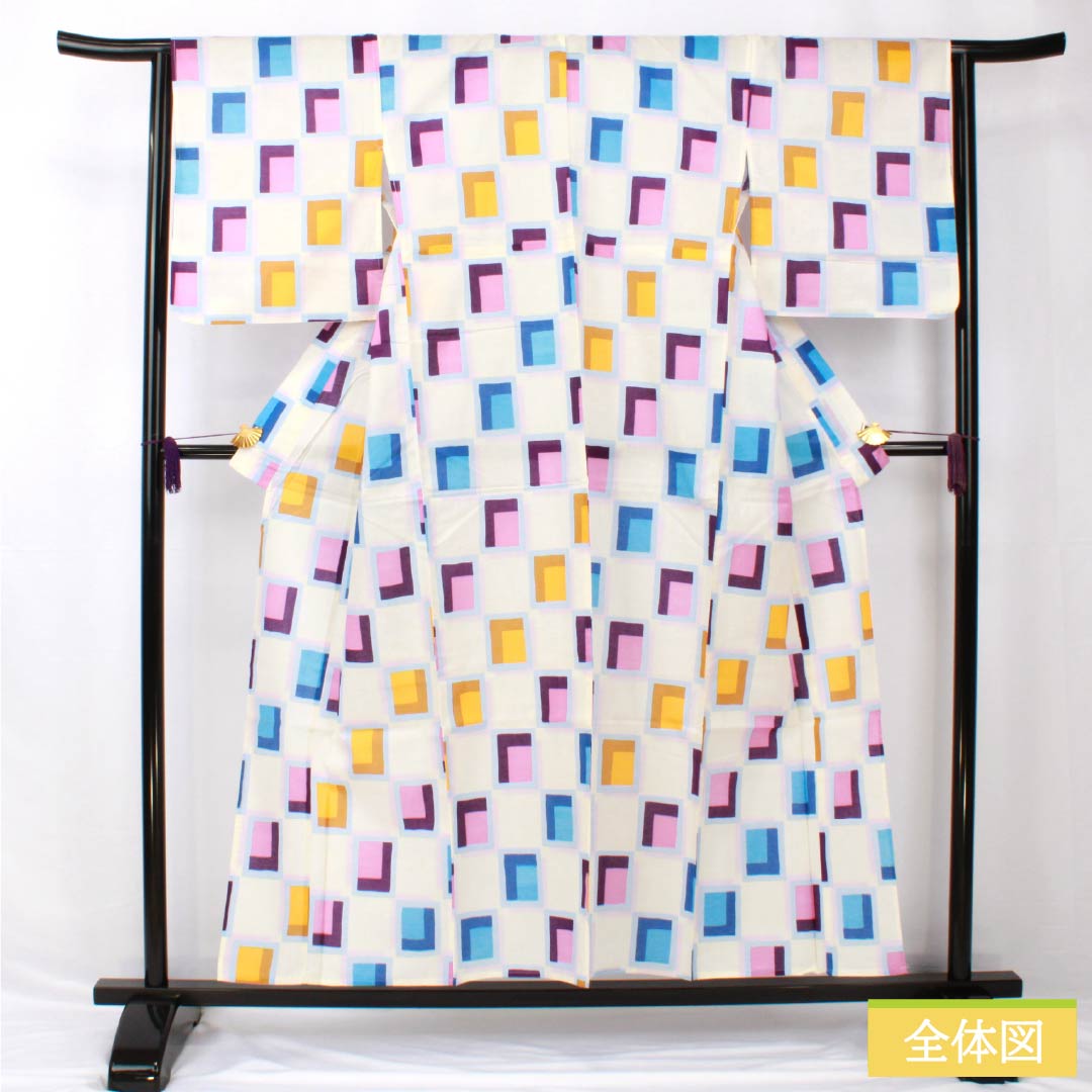 浴衣 木綿 身丈154cm 裄丈64cm Aランク 単衣 白系 ブロック柄 1118005383211