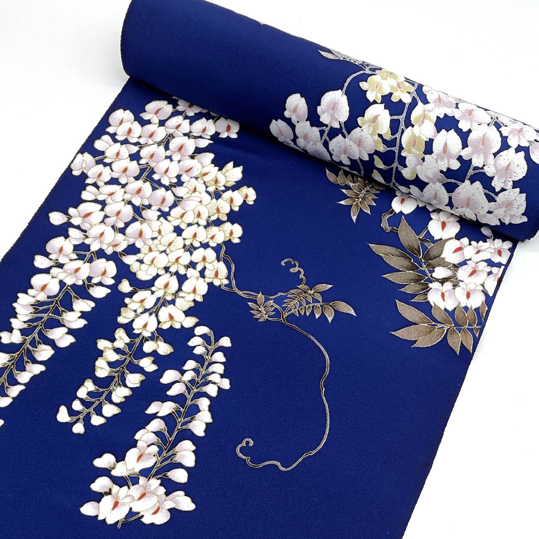 反物 小紋 正絹 丹後ちりめん 下り藤 花柄 AB反 NEWランク 紺系 1130001121918