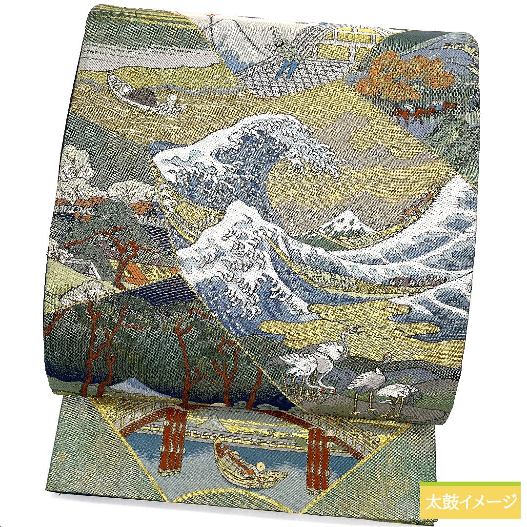 袋帯 正絹 玉虫色 留袖用 時代人物風景模様   帯丈437cm Sランク 全通 フォーマル 緑系 1123010922319