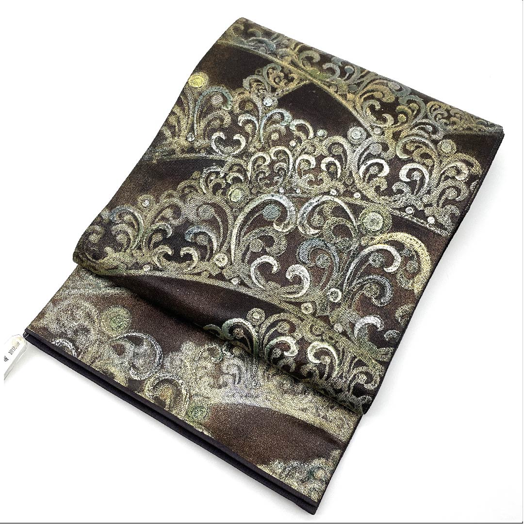 （未仕立）袋帯 憲房色（けんぼういろ） 金唐皮（きんからかわ） 抽象模様 帯丈478cm 正絹 Sランク 六通 フォーマル 茶系 1123006082414