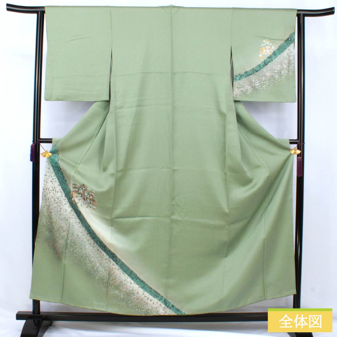 訪問着 正絹 Aランク 袷 身丈155cm 裄丈58.5cm 裏葉色（うらはいろ） 螺鈿煌彩 金彩加工 吉祥文様 丹後ちりめん 八丁水撚り 緑系 1112007423319