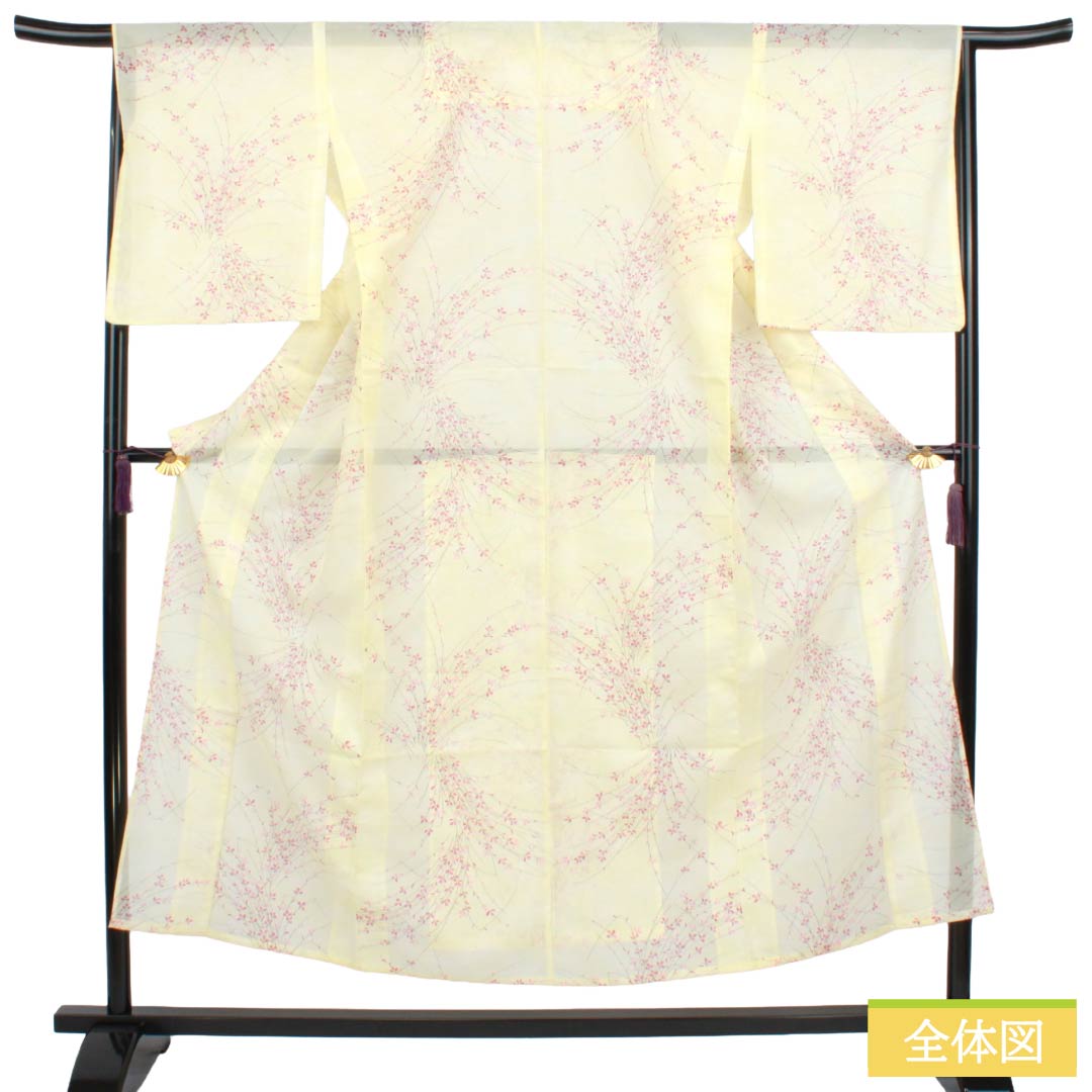 夏物 ポリエステル 小紋 Sランク 身丈151.5cm 裄丈66.5cm 白百合色（しらゆりいろ） 草花模様 居敷当て付き 絽 黄系 1132004492223