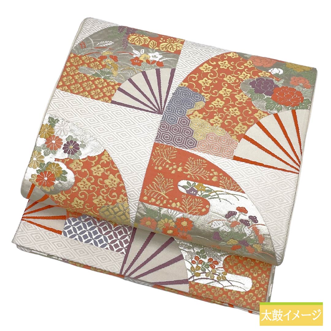 袋帯 正絹 Ａランク 真珠色（しんじゅいろ） 唐織 留袖用 扇面 古典柄 帯丈424cm 六通 フォーマル 白系 1123018643311