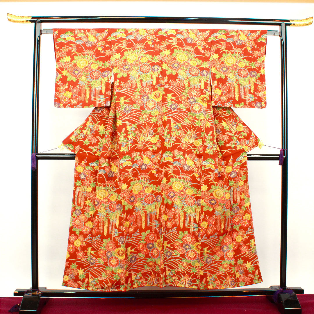 小紋 身丈154cm 裄丈61cm 袷  猩々茶色 型染 菊 梅 草花模様  正絹 Sランク 茶系 1115002652214