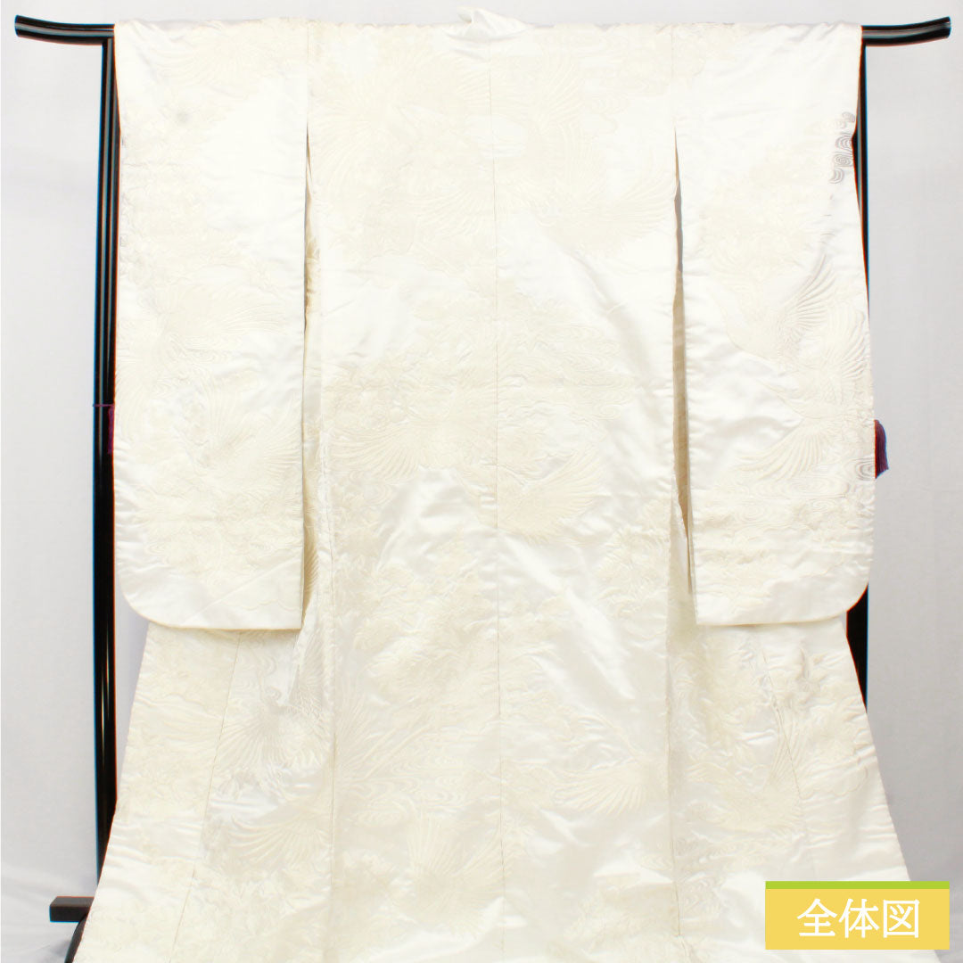 白無垢 正絹 Aランク 身丈180.5cm 裄丈64.5cm 唐織 鶴 草花模様 袷 白系 1110000983911