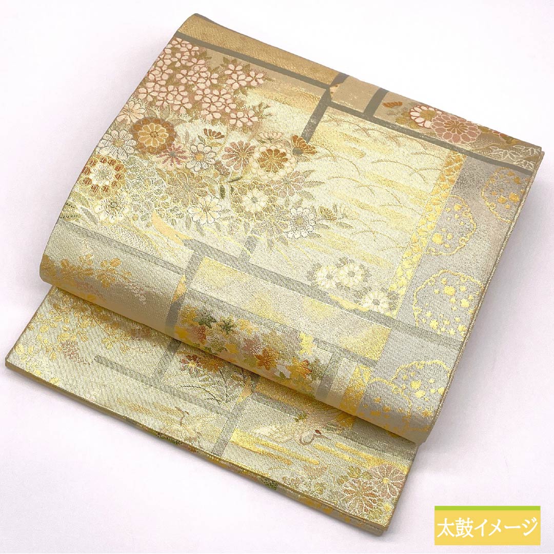 袋帯 正絹 Sランク 本佐賀錦 正絹九百錦 古典柄 鶴 雪輪 帯丈436cm 六通 フォーマル 金系 1123016012321