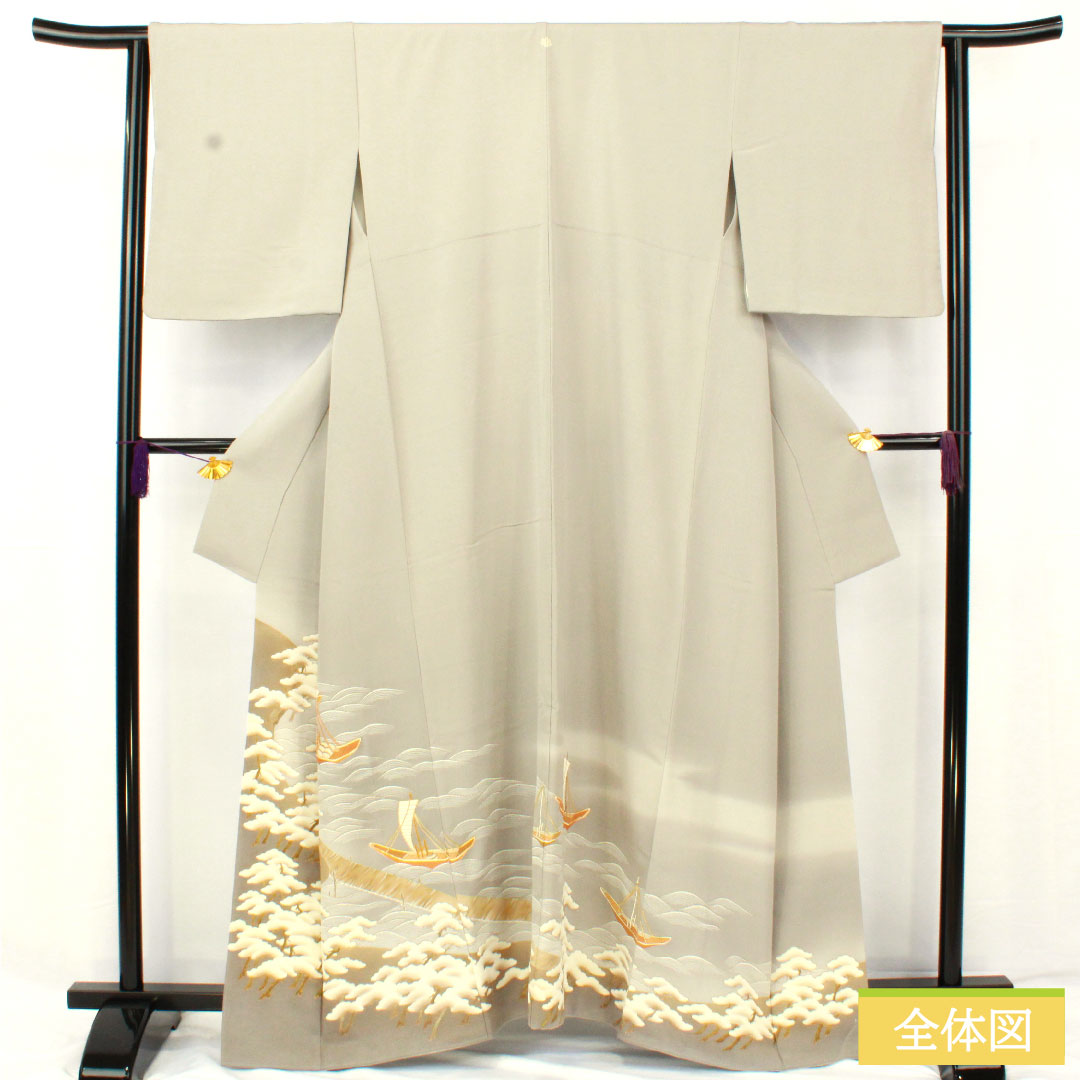 色留袖 正絹 身丈161cm 裄丈63cm 袷 薄鼠色（うすねずいろ） 京友禅 波 帆掛け船 一つ紋 五三桐 クイーンパール加工 Aランク グレー系 1111001433422