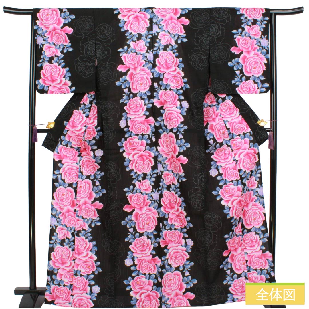 浴衣 木綿 Sランク 身丈167cm 裄丈65.5cm 薔薇 単衣 黒系 1118007372510