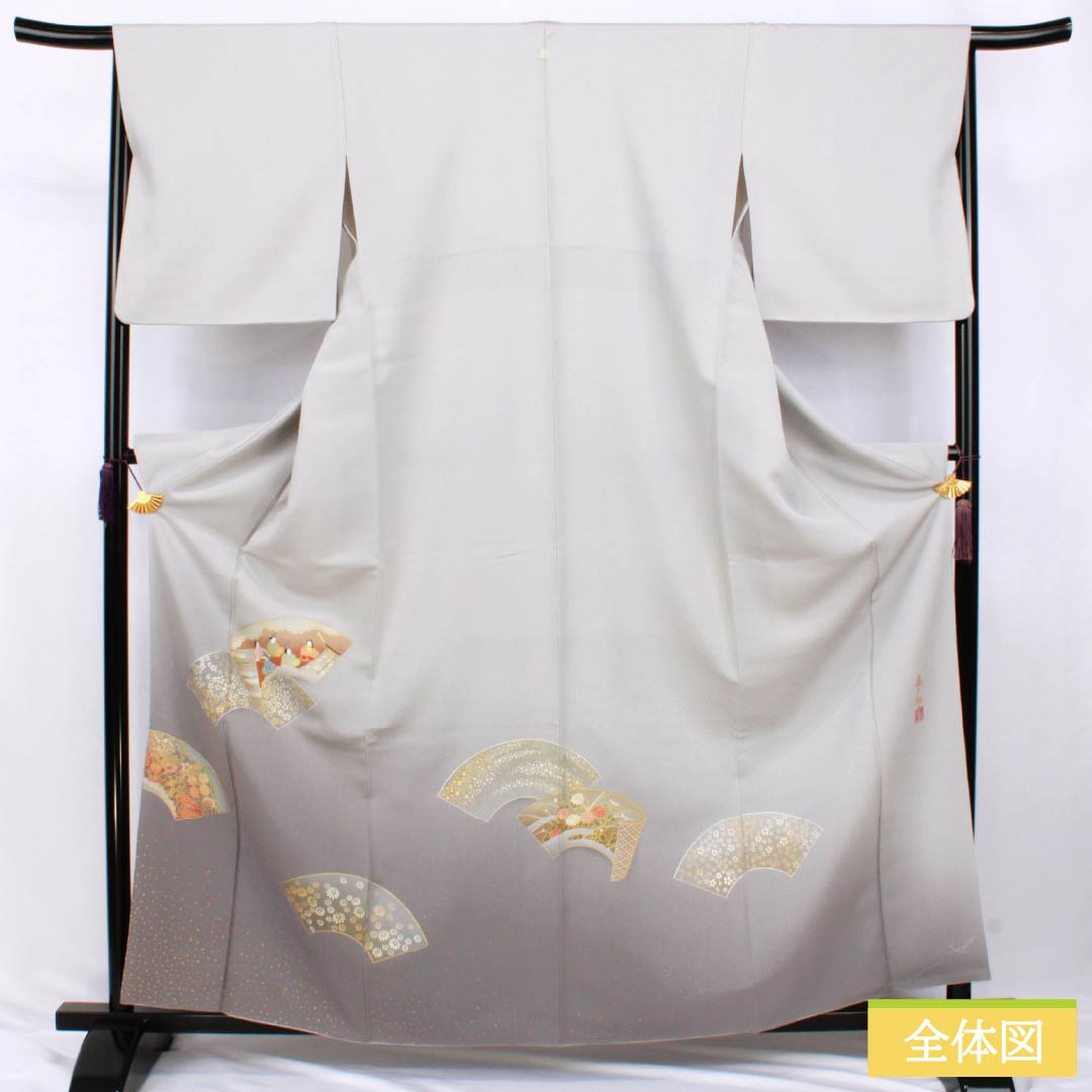 Colored Tomesode, Length 162cm, Sleeve Length 65.5cm, Amethyst Color, Living National Treasure, Fukuda Yoshishige, Fan Surface, Swallowtail Butterfly, Pure Silk, S Rank, One Crest, Gray, 1111000432422